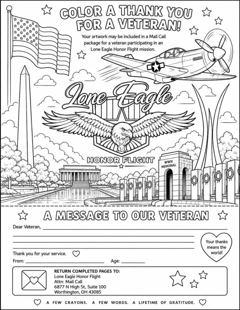 Coloring page honoring veterans with an American flag, an eagle emblem, plane, and monuments for Lone Eagle Honor Flight; space to write a letter to a veteran.