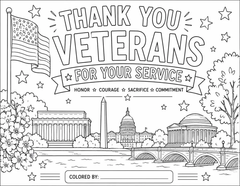 Coloring page with 'Thank You Veterans for Your Service' and Washington DC monuments, flag, and stars to color in.