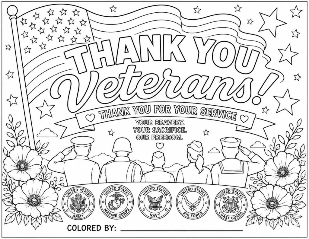 Patriotic coloring page: five service members stand with backs to the viewer, saluting as a waving flag and a large 'Thank You Veterans!' banner dominate the scene; seals for Army, Marine Corps, Navy, Air Force, Coast Guard line the bottom; floral border and 'Colored by:' line for customization.