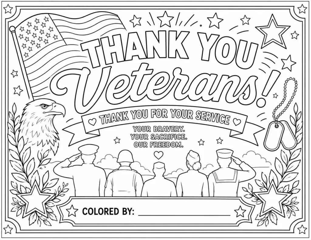 Patriotic Veterans Day coloring page with soldiers saluting, American flag, eagle, dog tags, and a 'Thank You Veterans' banner.